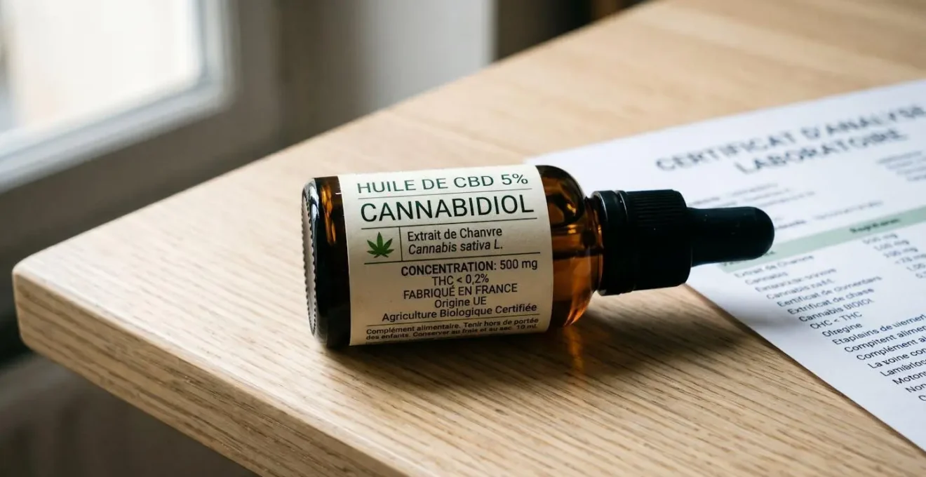 Flacon d'huile de CBD en verre ambré avec étiquette française affichant les mentions légales obligatoires dont le taux de THC inférieur à 0,2% et l'origine du chanvre