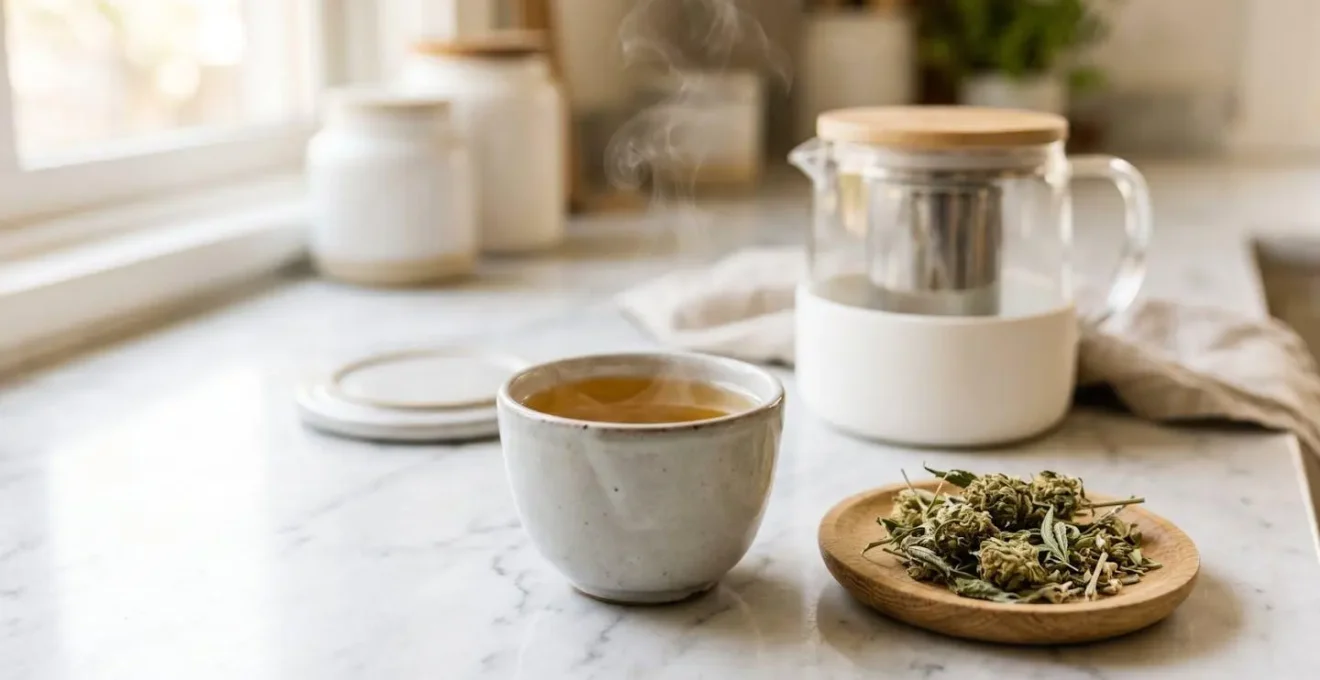 Tasse de céramique contenant une infusion dorée de fleurs de CBD, avec fleurs de chanvre séchées disposées sur une soucoupe en bois clair sur plan de travail en marbre blanc